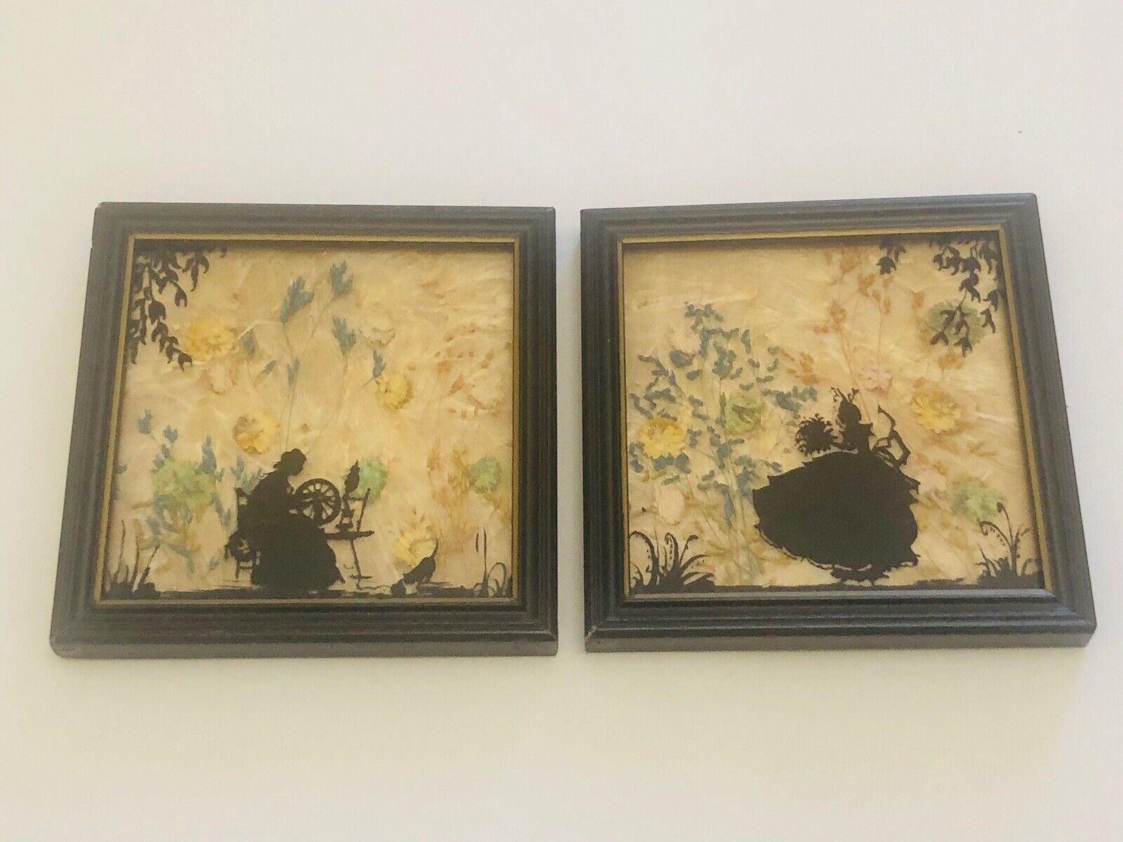 Vintage 1930’s Fisher Milkweed hand painted Reverse Silhouette Artwork, Set Of 2