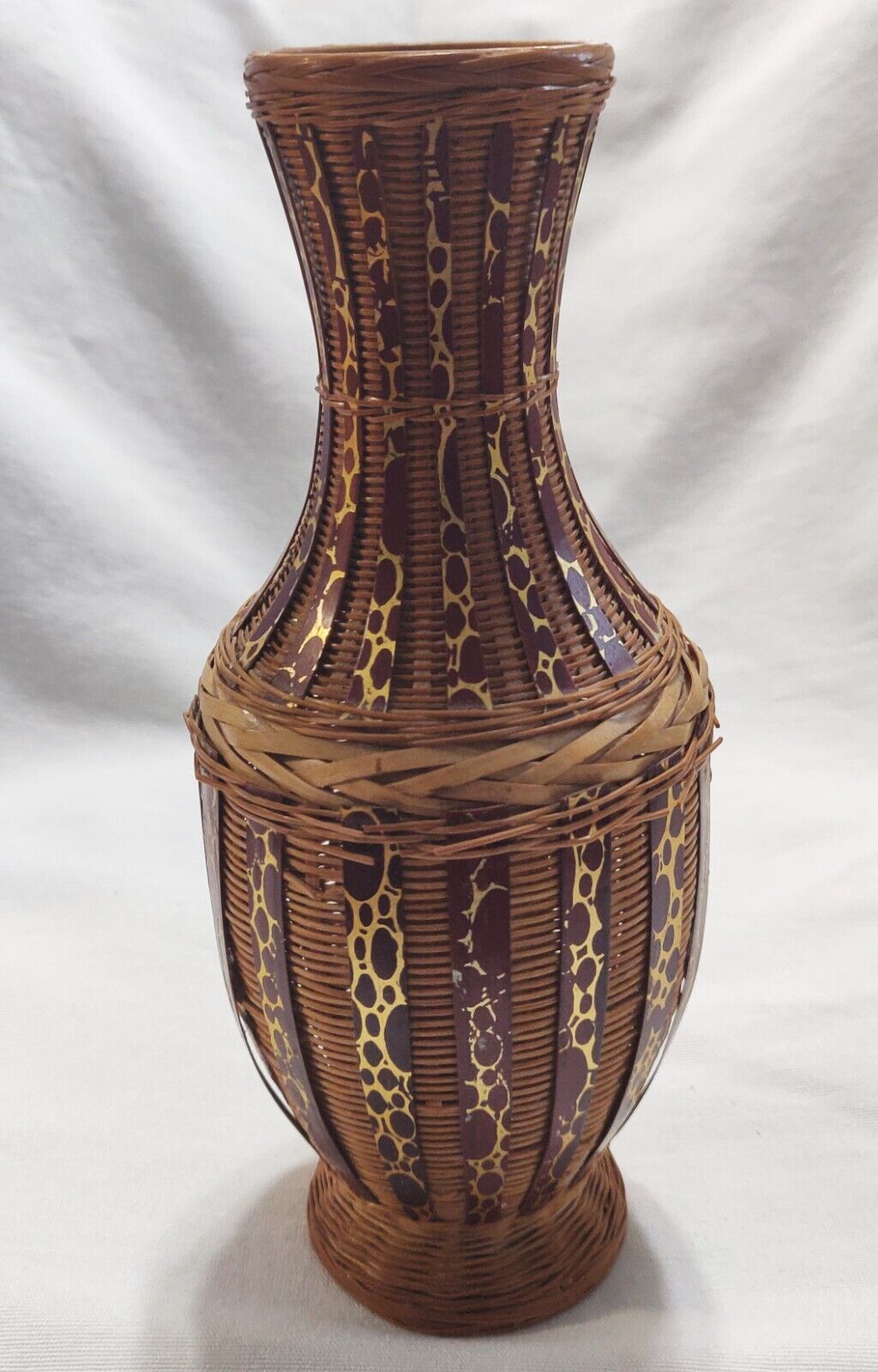 Vtg Zhejiang Handicrafts Ratan Vase Green Detail MCM Made In Peoples Republic