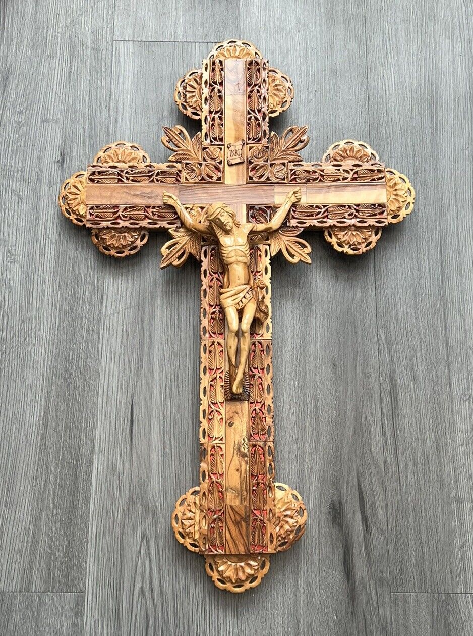Large Olive Wood Wall Crucifix Hand Made Jerusalem Holy Land 24” Length RARE