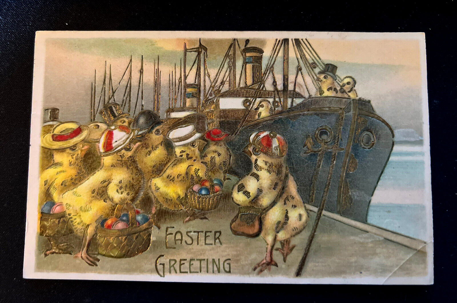 Rare~Dressed Chicks on Cruise Ship~ Anthropomorphic Easter Fantasy Postcard~k393