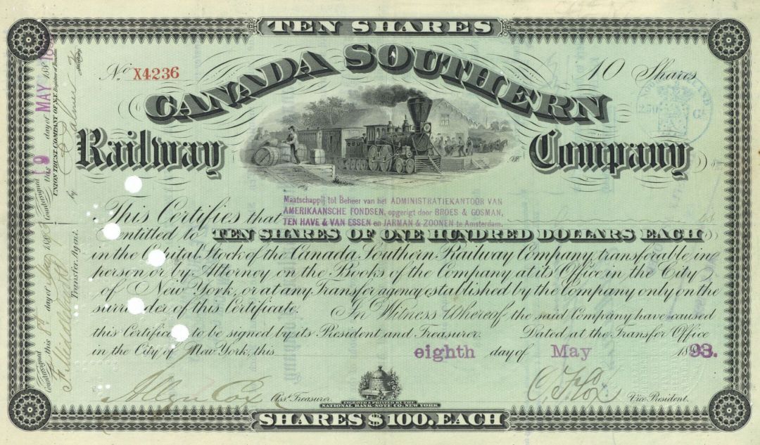 Canada Southern Railway - 1893 dated Canadian Railroad Stock Certificate - Green
