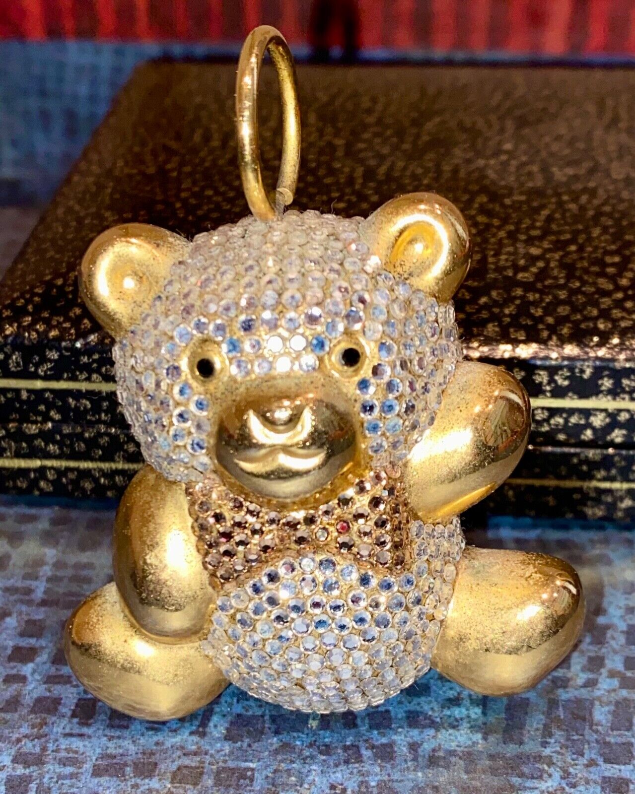 Judith Leiber Teddy Bear Baby Rattle Clear Crystals Gold Bow Tie EUC