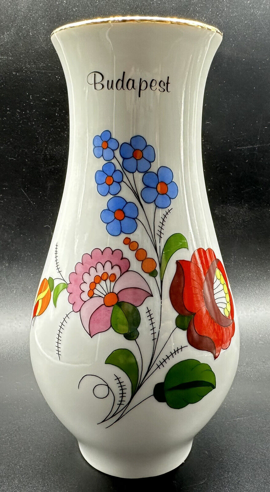 Vintage Hand Painted Kalocsa BUDAPEST Hungarian Porcelain Stamped Vase 1970s