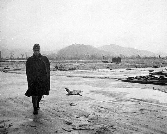 Japanese Soldier walks through Hiroshima Ruins WWII 8x10 Photo 462a