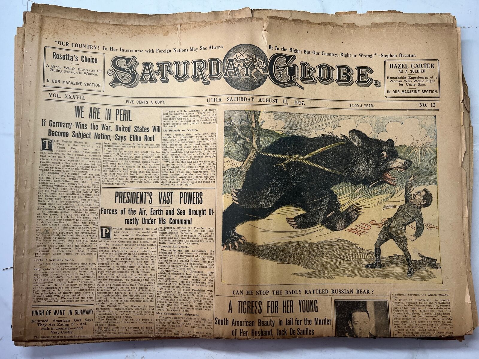Newspaper - Saturday Globe Utica Saturday August 11, 1917