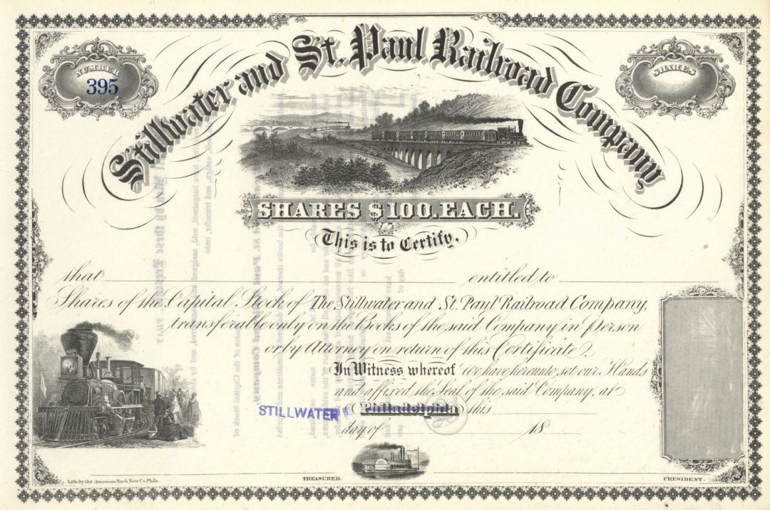 Stillwater and St. Paul Railroad Co. - Minnesota Railway Unissued Stock Certific