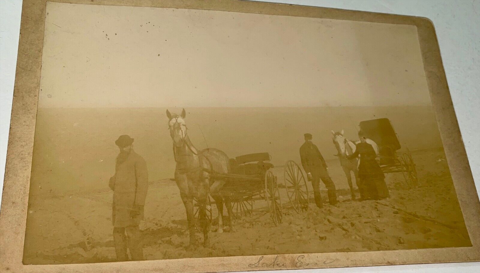 Rare Antique American Lake Erie Landscape Horse Carriages on Beach Cabinet Photo