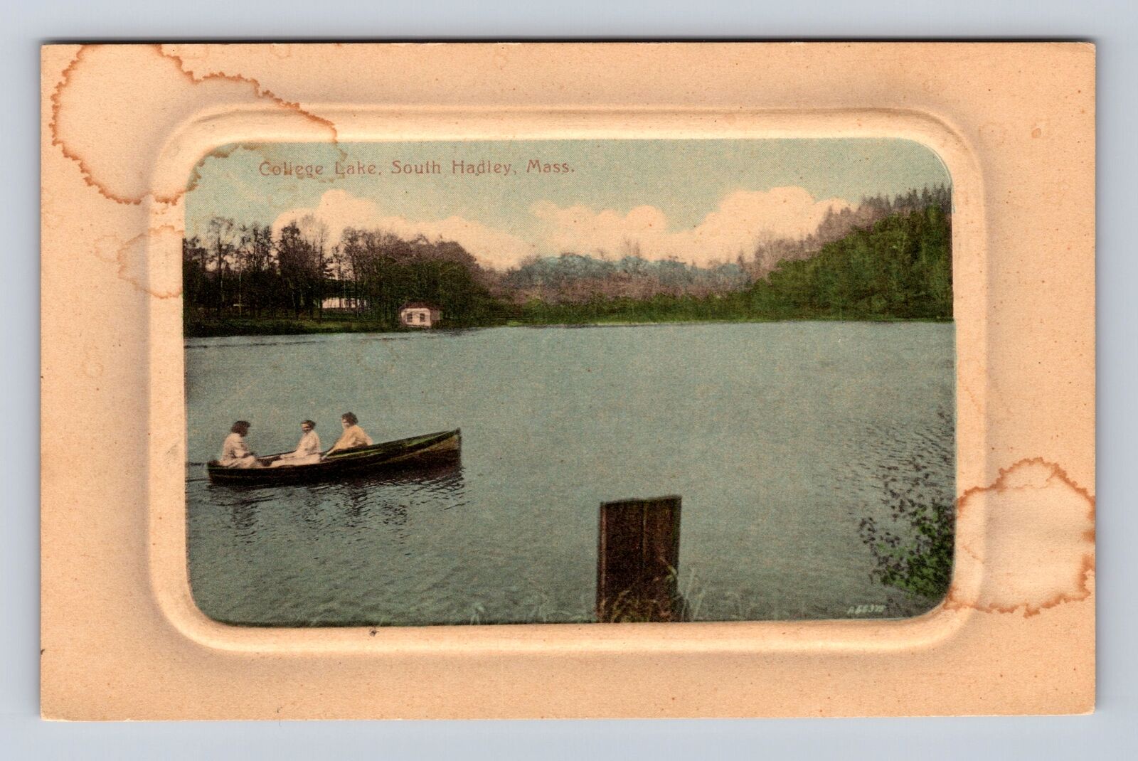 South Hadley MA-Massachusetts, Boating on College Lake, Antique Vintage Postcard