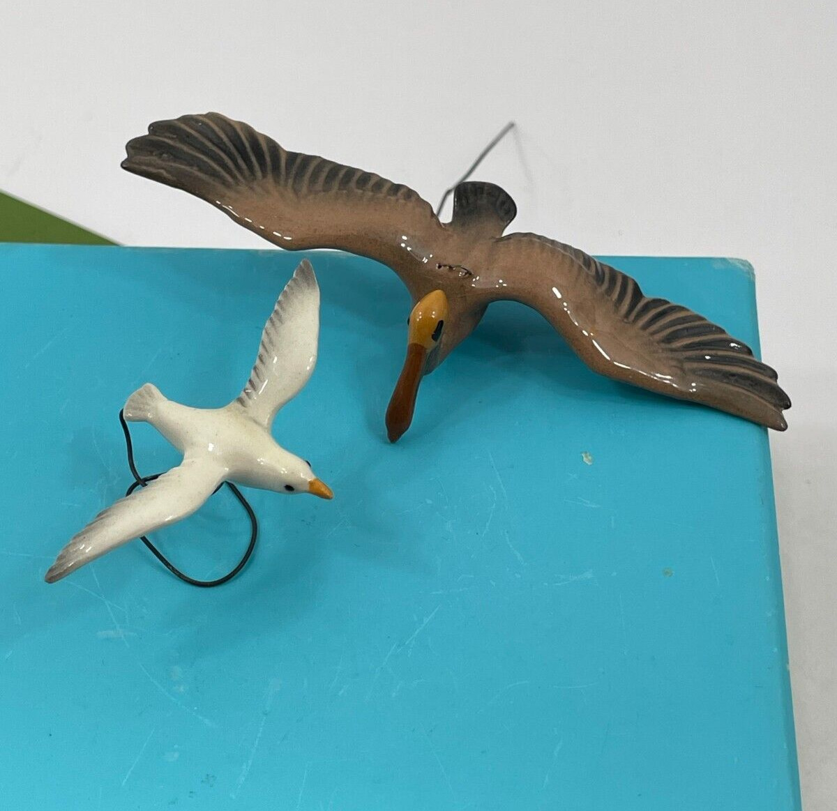 Vintage Hagen Renaker Miniature Figurine Flying Pelican & Seagulf Bird on Wire