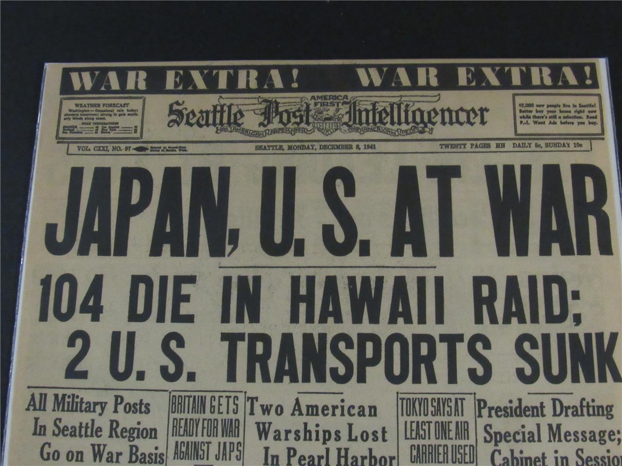 VINTAGE NEWSPAPER HEADLINES ~ WORLD WAR 2  JAPAN US WAR HAWAII BOMBED WWII  1941