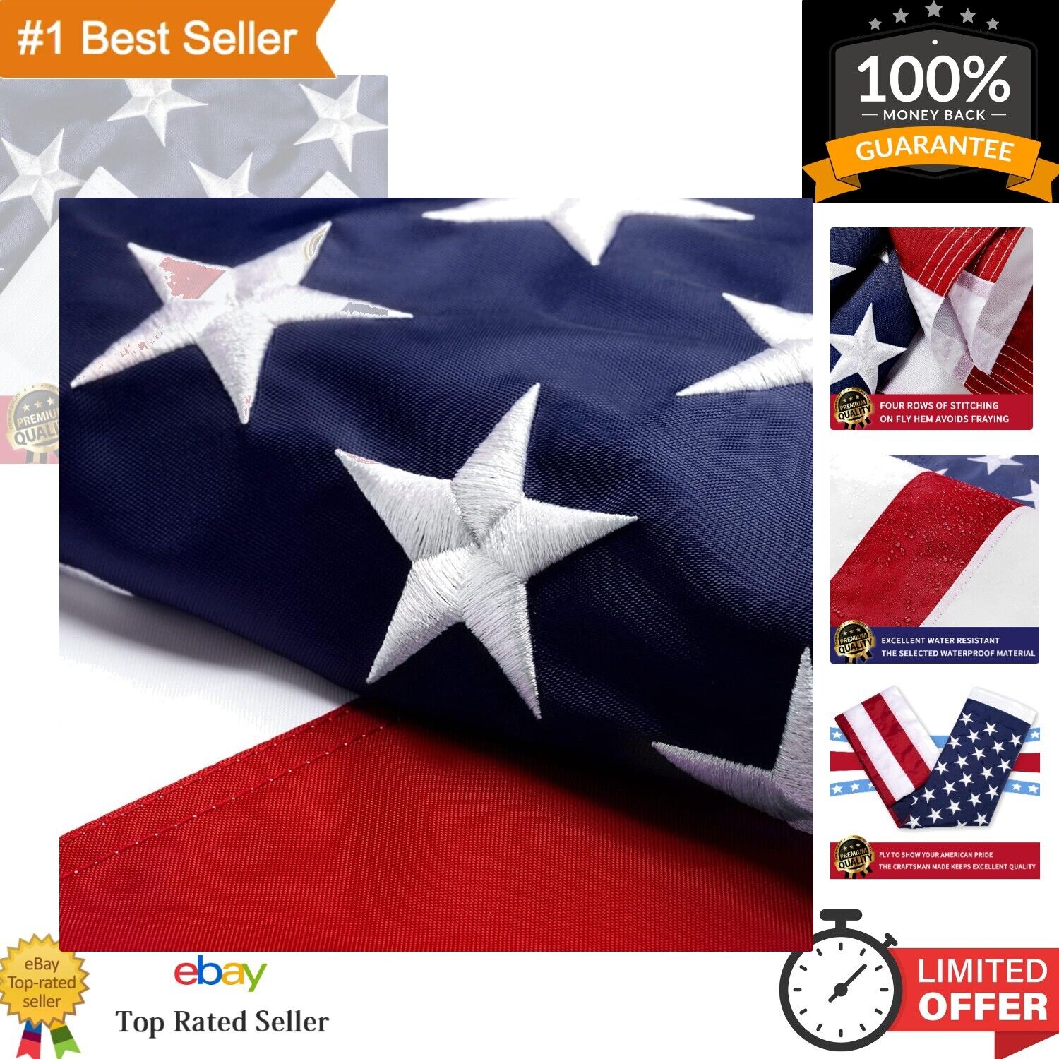 Premium 4x6 USA Flag - Heavy Duty 200D Nylon - Embroidered Stars/Sewn Stripes