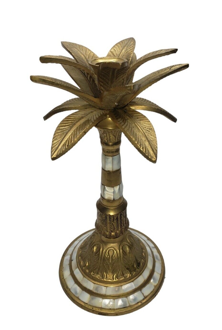 Vintage Solid Brass Candleholder Palm Tree With Mother Of Pearl Inlay