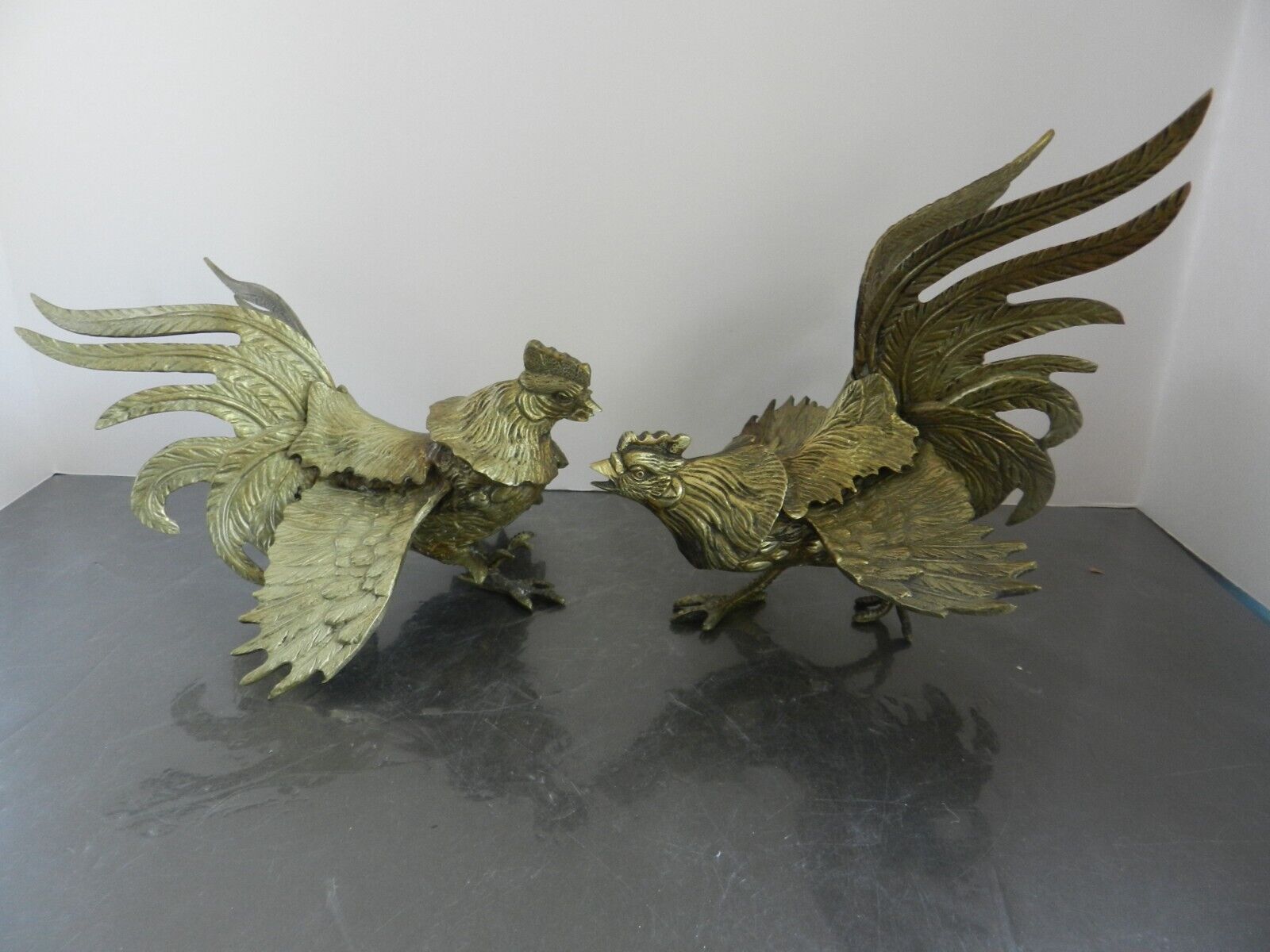 Large Vtg Pair Brass Fighting Roosters Cocks Mid-Century Detailed