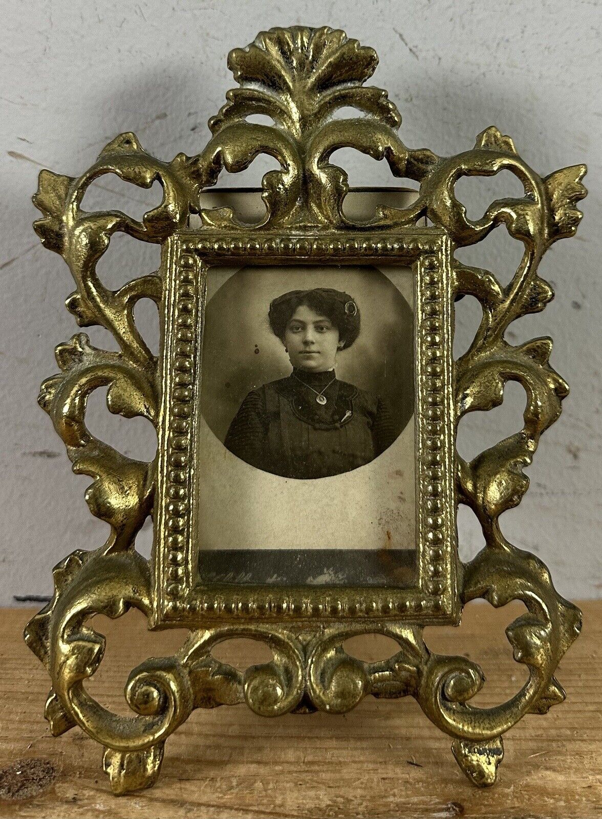 Antique Ornate Brass Picture Frame with Vintage Photograph