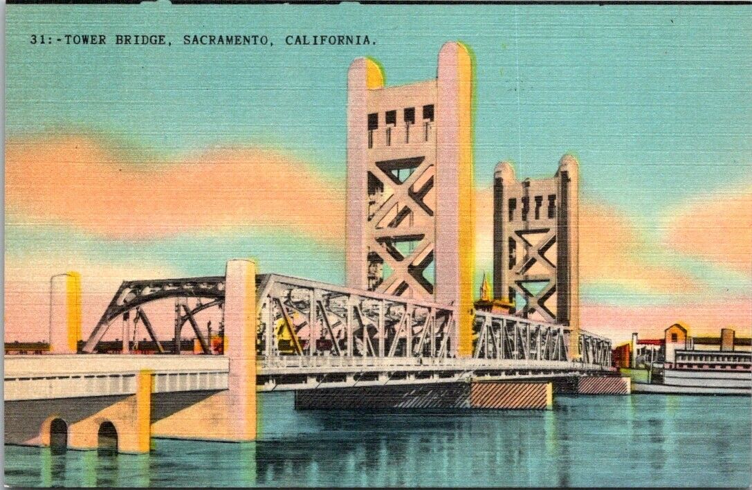 Sacramento CA California,cTower BridgecVintage Linen Postcard Unposted Unused