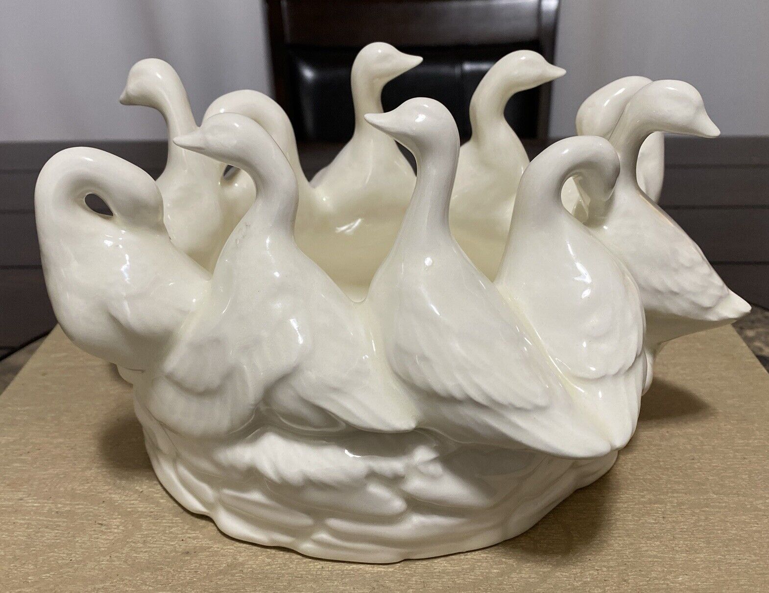 Vintage Ceramic Geese On Nest Planter Bowl Signed 10 Geese Two Piece Mold
