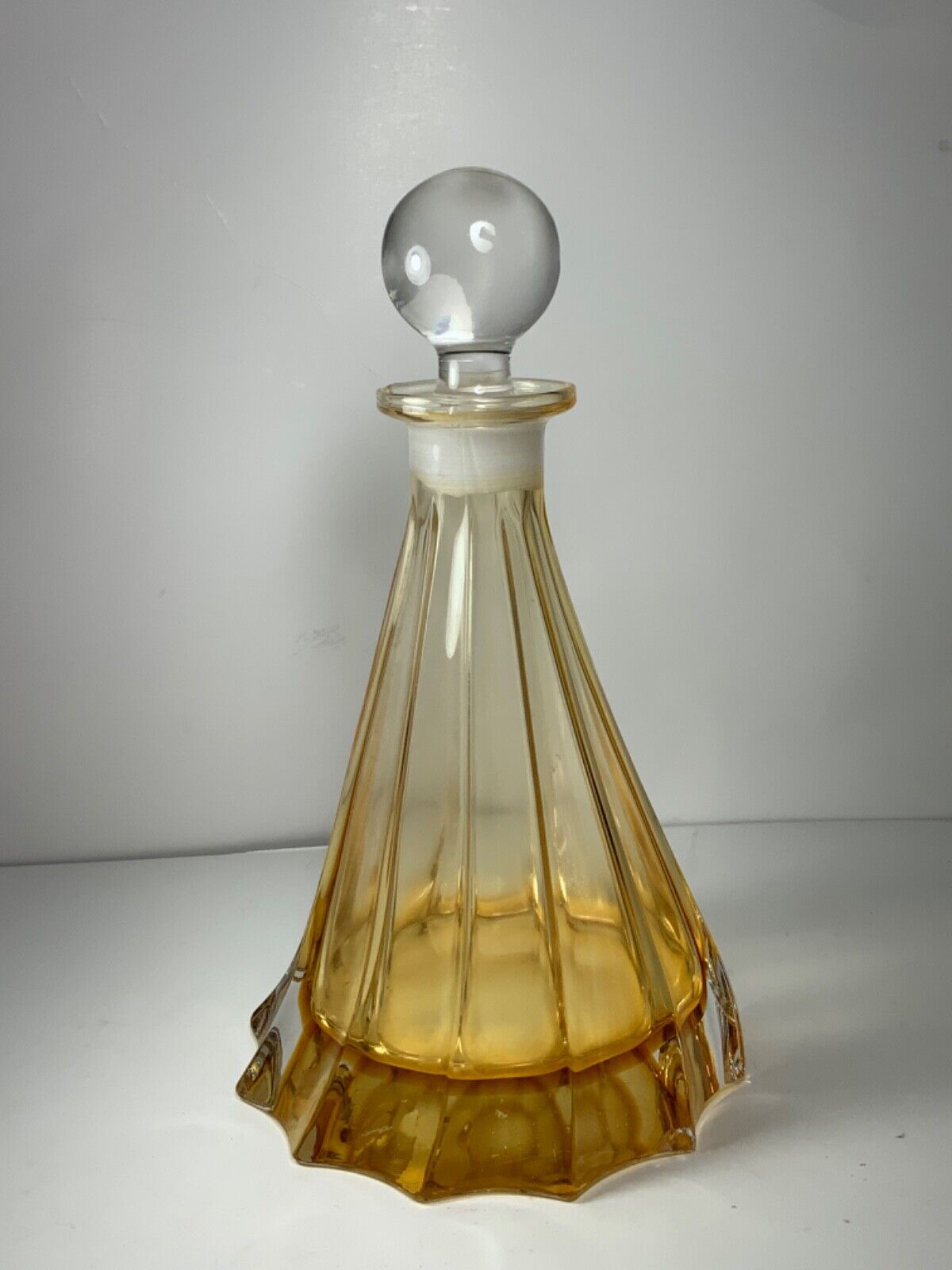 Rare Vintage Honey Amber Skirted Glass Liquor Decanter & Stopper 11 in.