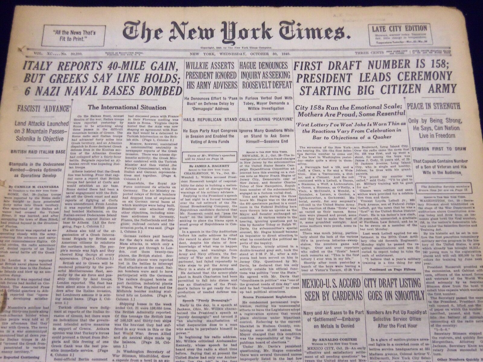 1940 OCT 30 NEW YORK TIMES - FIRST DRAFT NUMBER IS 158 PRESIDENT LEADS - NT 333