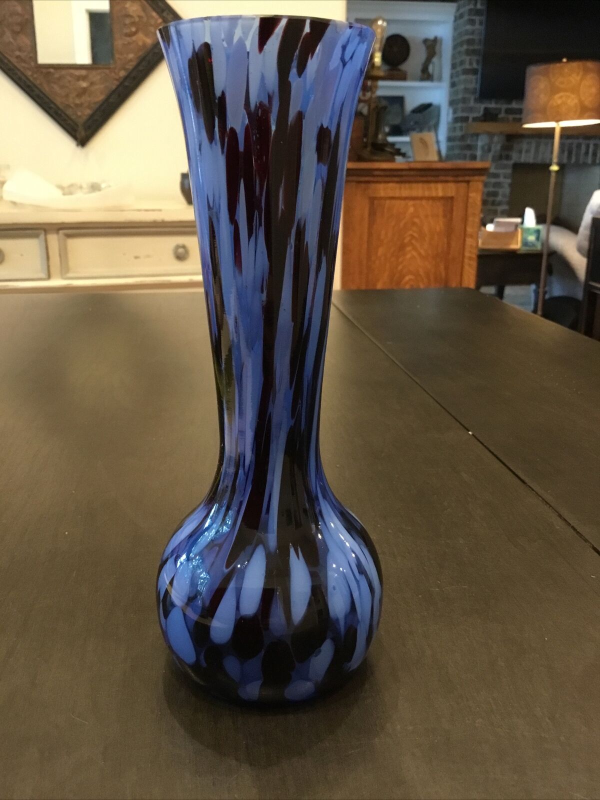 Vintage 7 1/2” Czech Kralik Glass Art Vase Black Blue  Splatter JB13