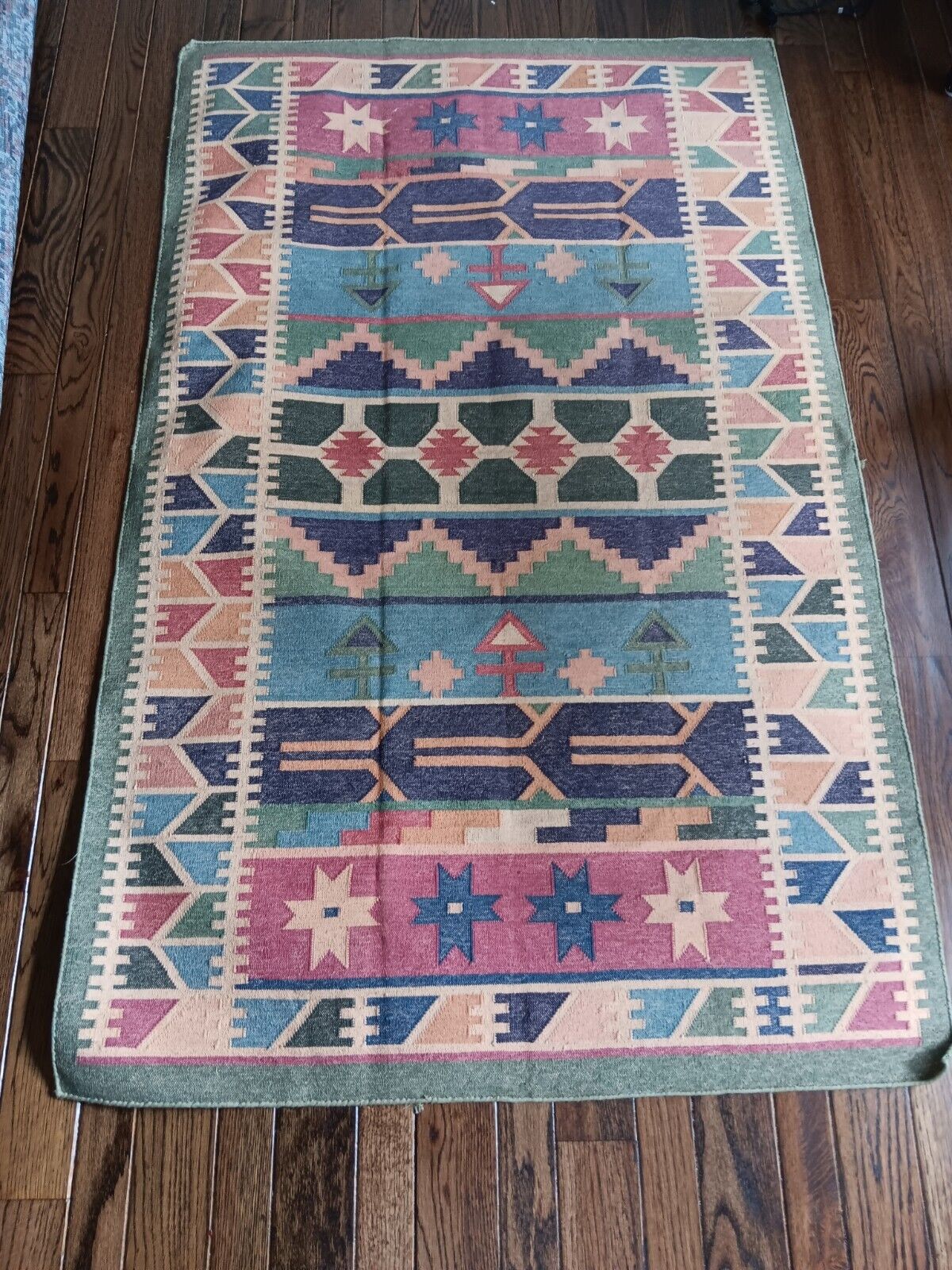 Rare Colorful MEXICAN FLAT RUG, vintage.  VERY PRETTY 5'x3'