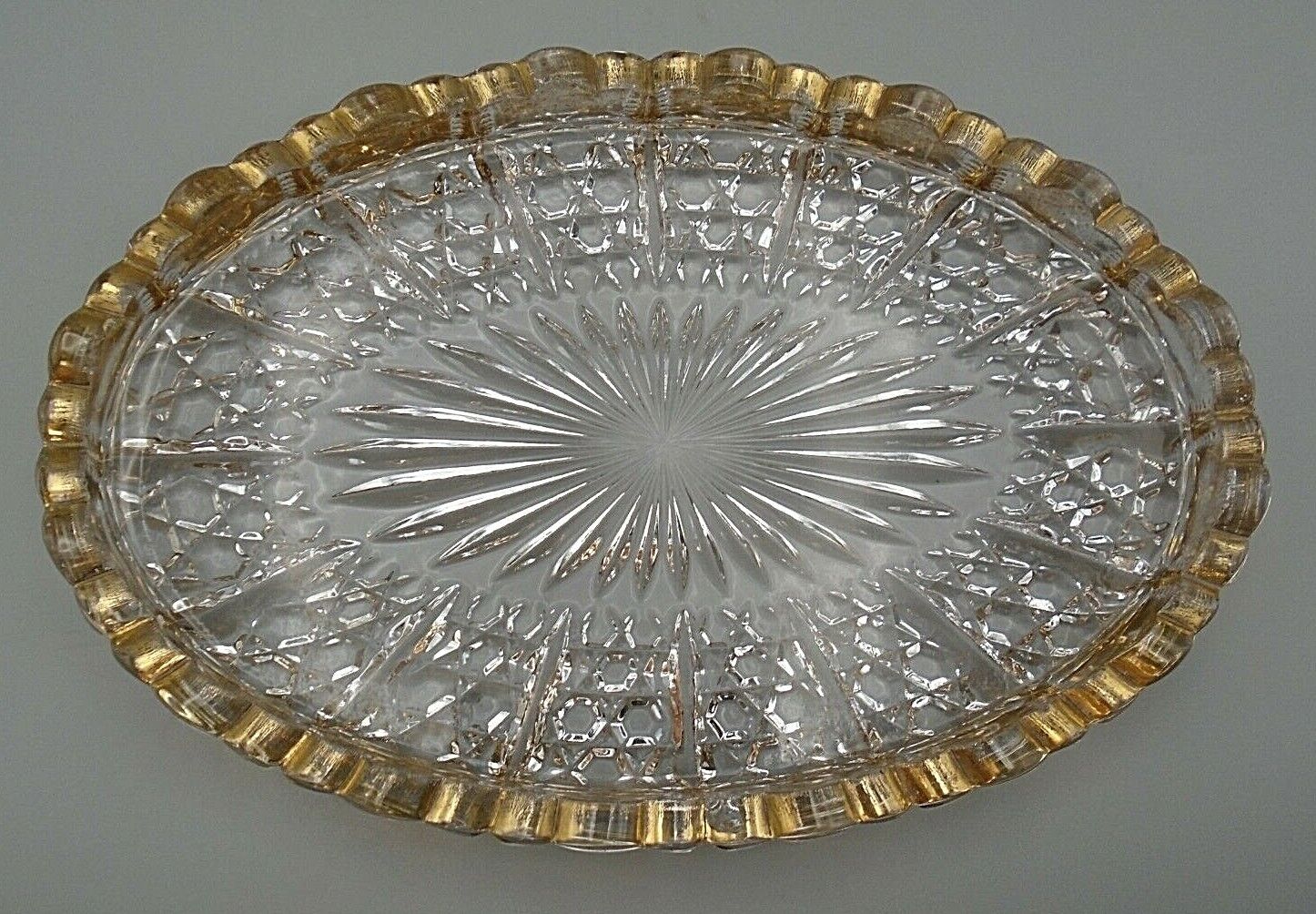 Vintage Small Oval Gold Scalloped Edge Starburst Center Glass Tray 