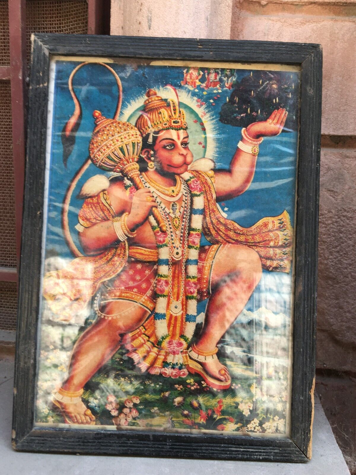 Vintage Lithograph Print Of Lord Hanuman In Wooden Frame Mythology Collectibles