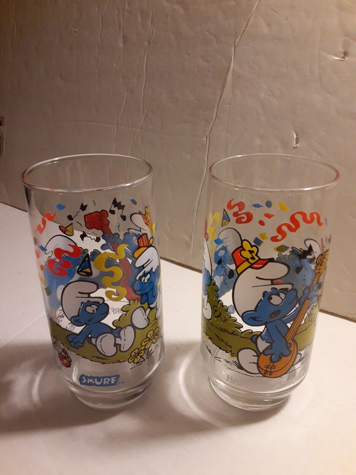 Hardees 1983 Smurf Drinking Glasses Hardees - Harmony Smurf Lot of 2