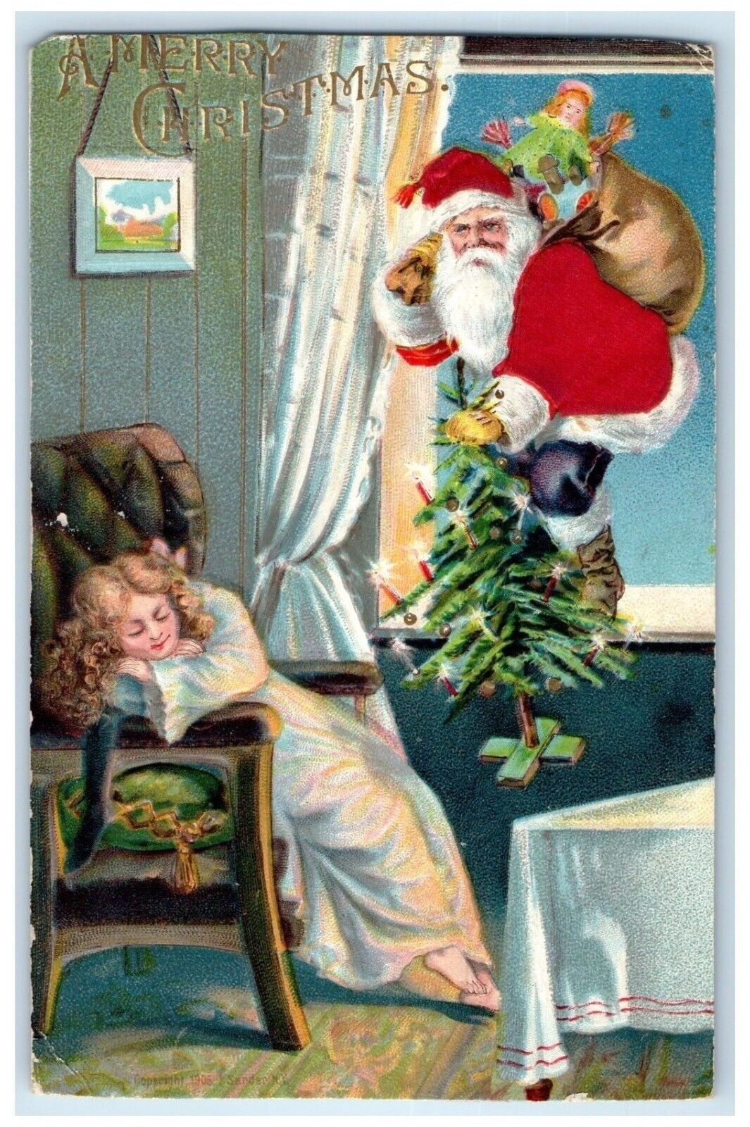 Christmas Girl Waiting Santa Claus Silk Sack Of Toys Embossed Silk Postcard