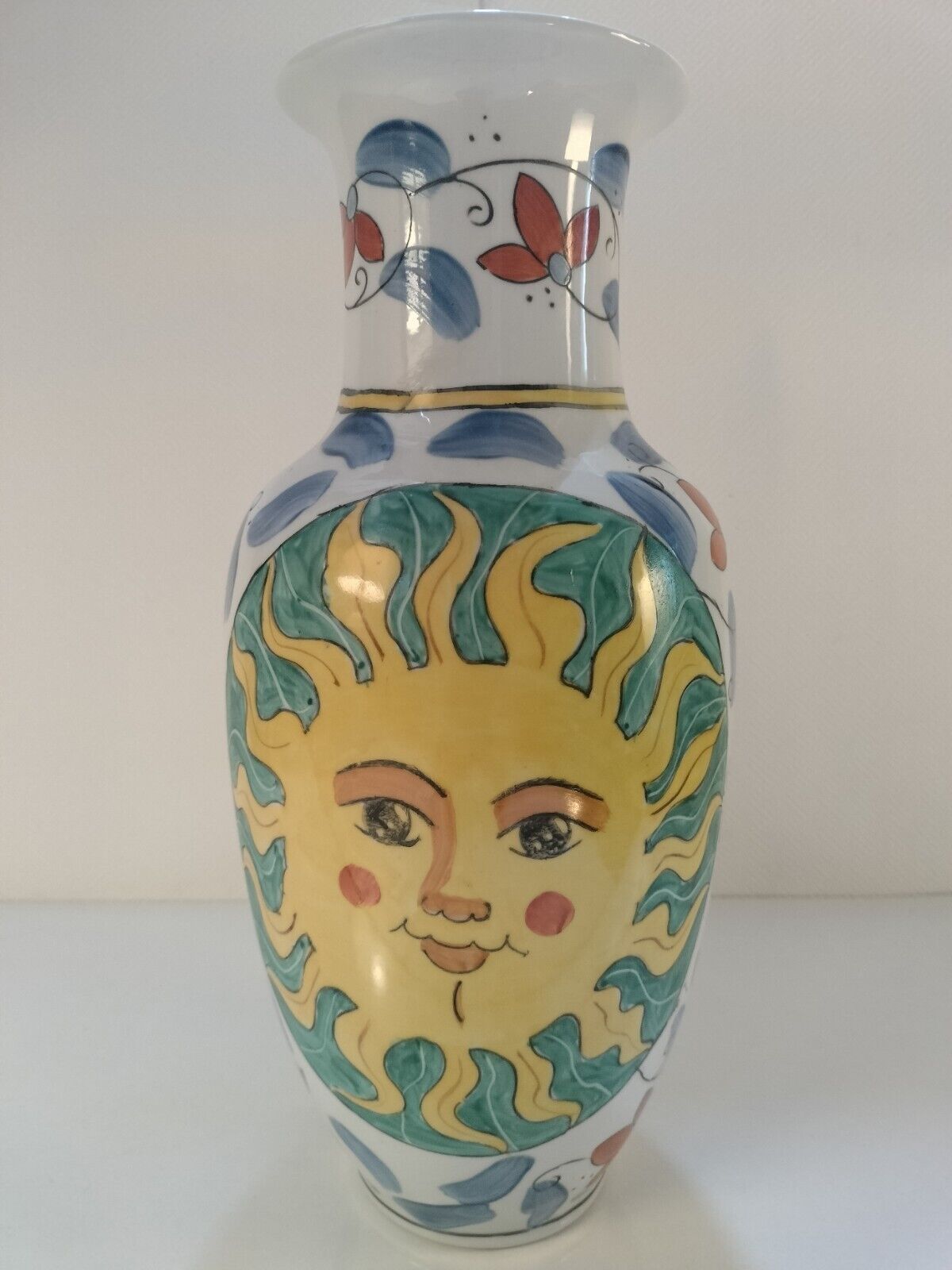 Vintage 1960s Vase Ceramic Pottery Sunburst Hand Painted Blue And Yellow