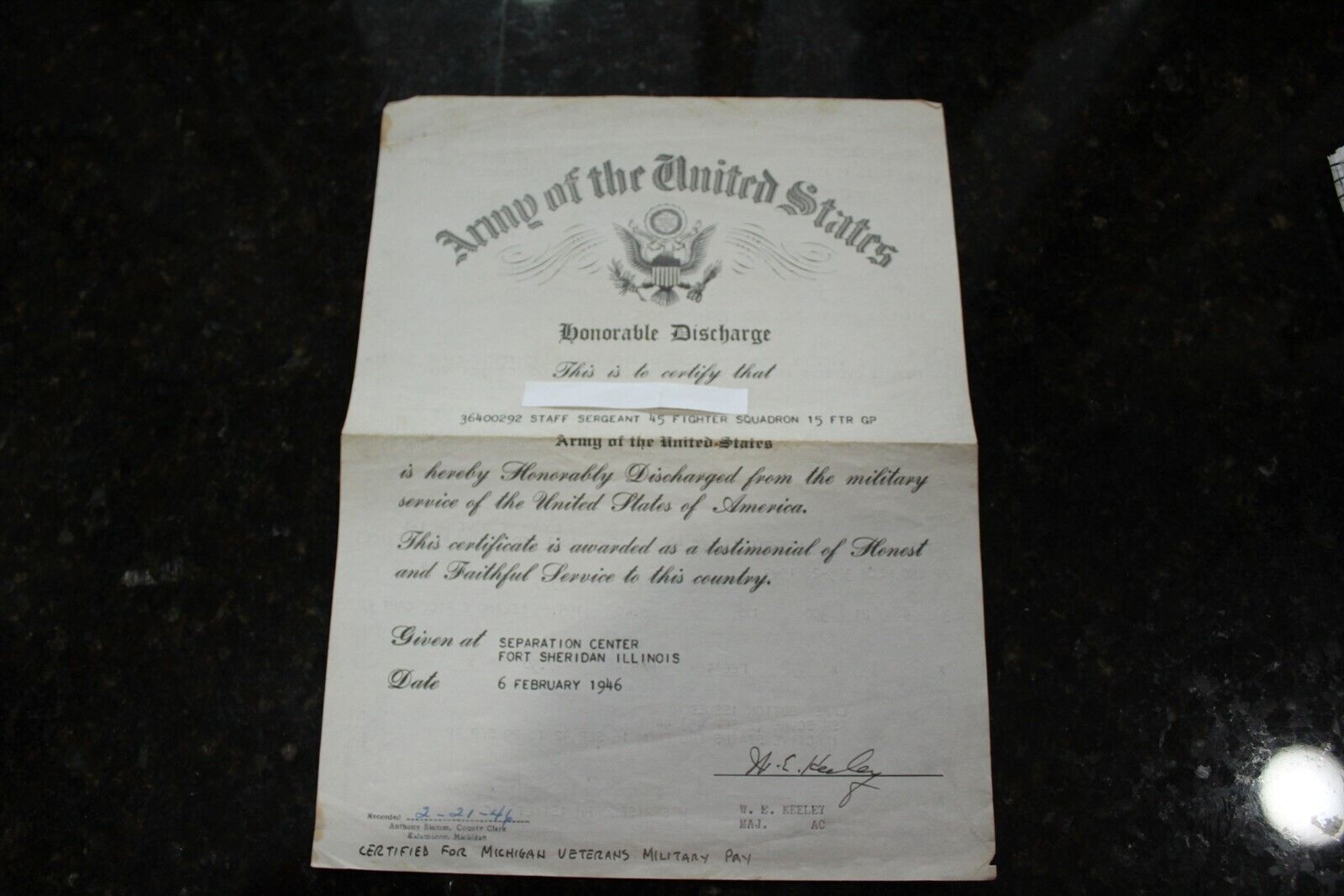 Vintage 1946 Honorable Discharge Certificate U.S. Army