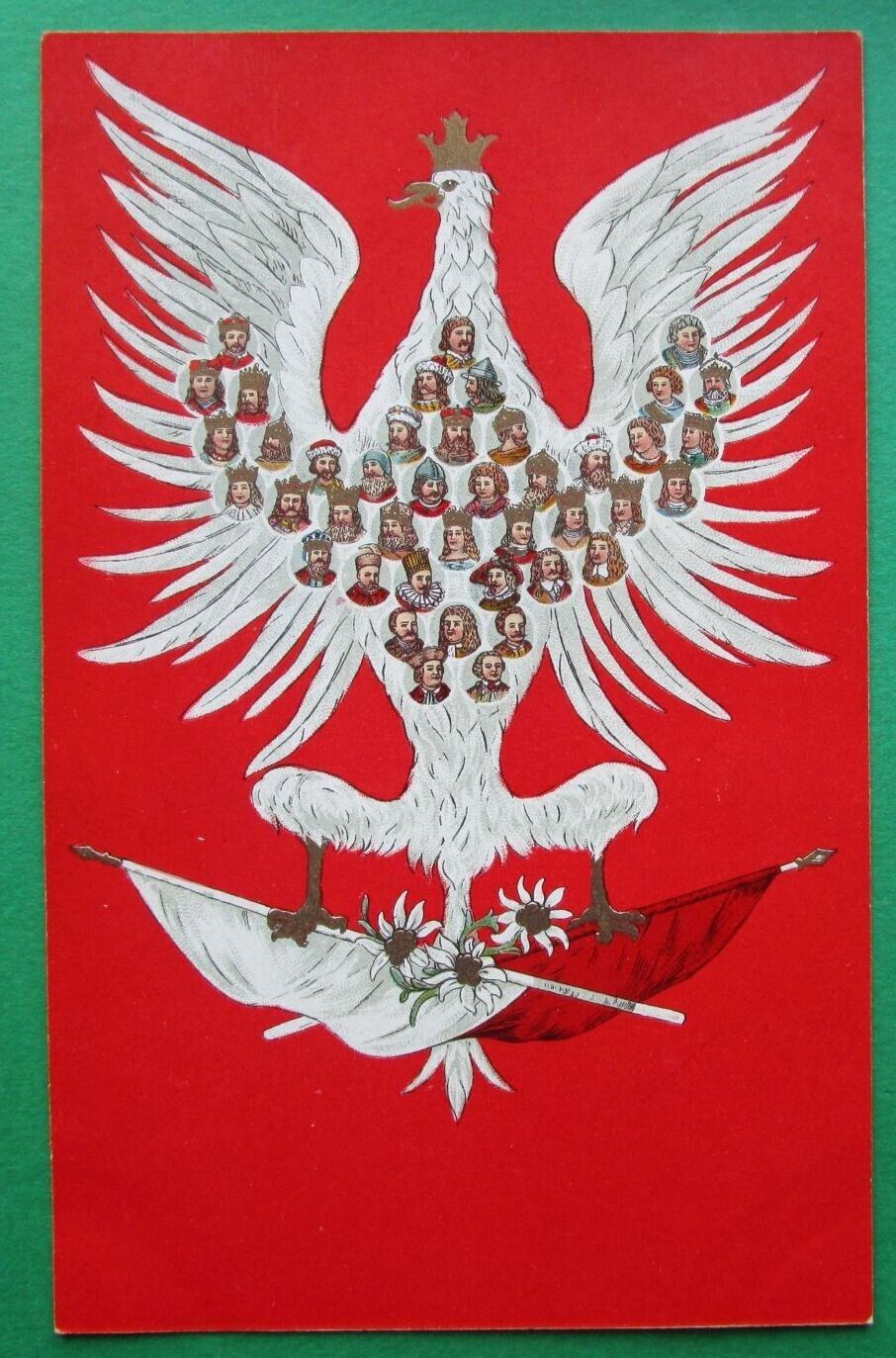Polish patriotic postcard  Polish kings and an eagle in the crown