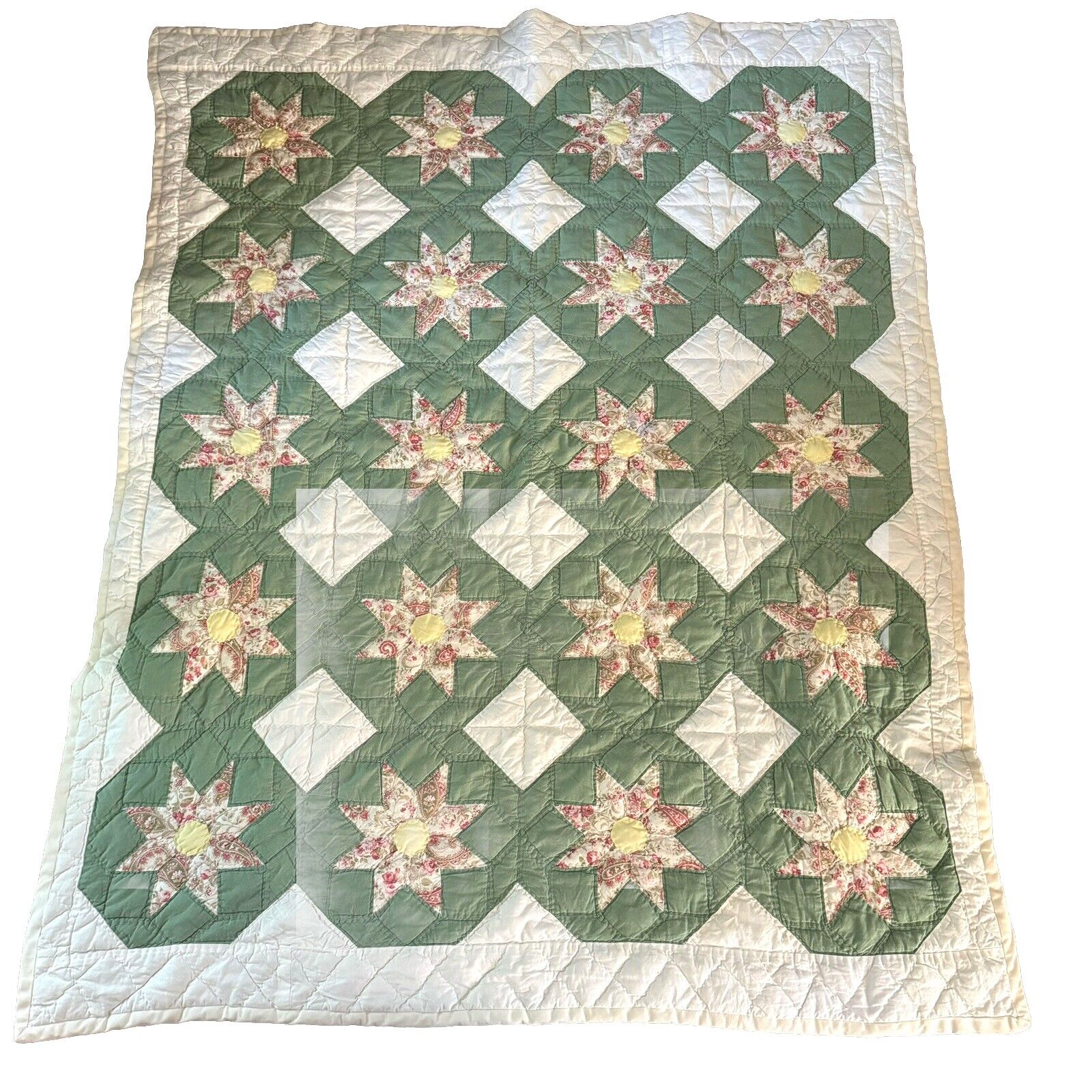 Vintage Patchwork 8 Point Star Quilt Handmade 100% Cotton 62” X 74” Green Pink