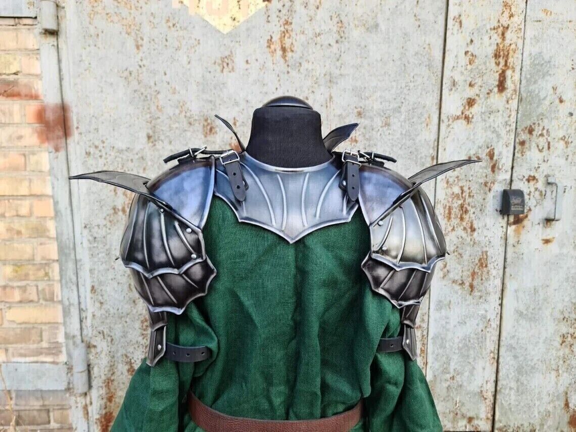 Gothic warrior shoulders armor, pair of pauldrons and metal gorget, fantasy RT53