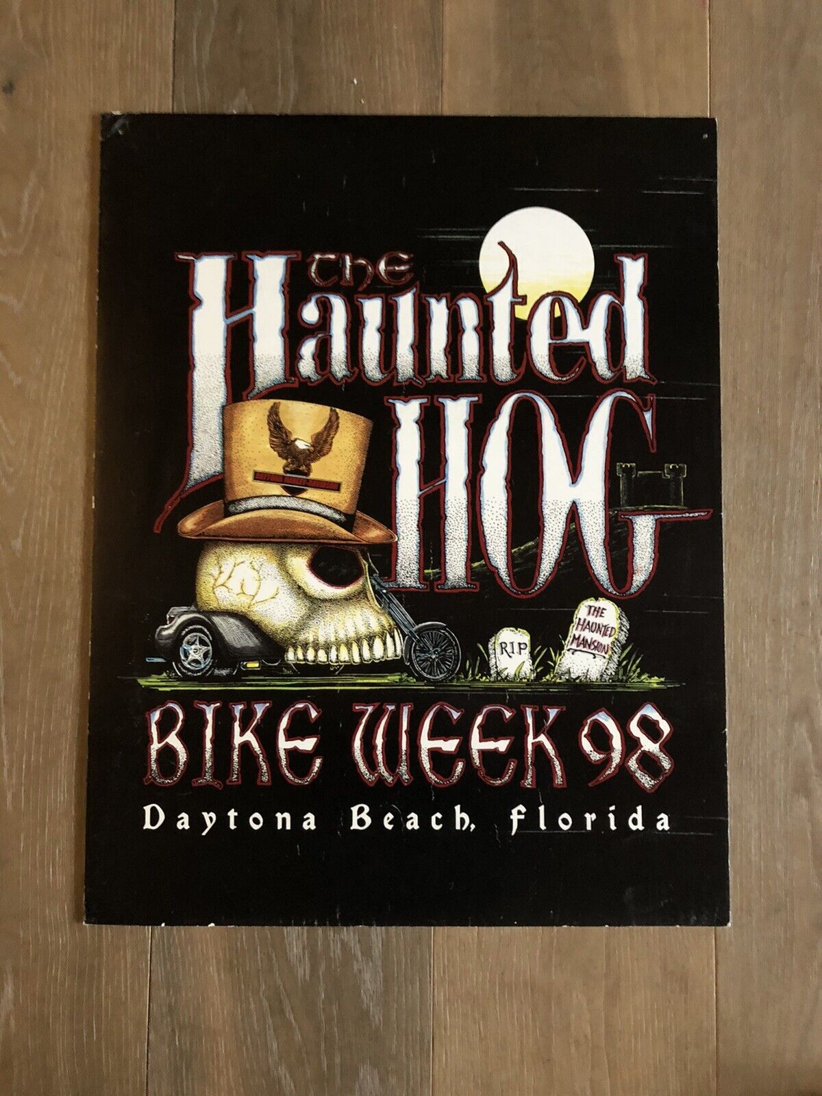98 Vintage Haunted Hog Halloween Daytona Beach Bike Week Poster Board 22” X 17”