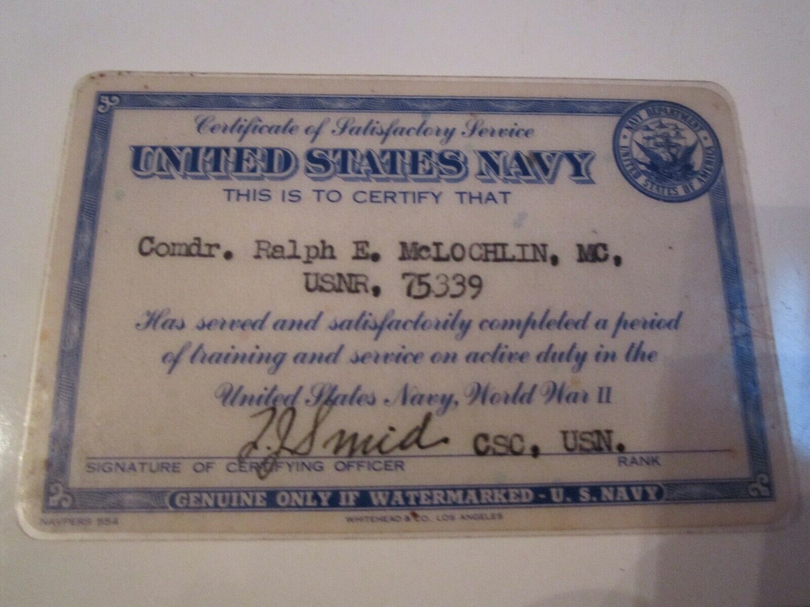 1946 UNITED STATES NAVY WORLD WAR II I.D. CARD  - BOX S