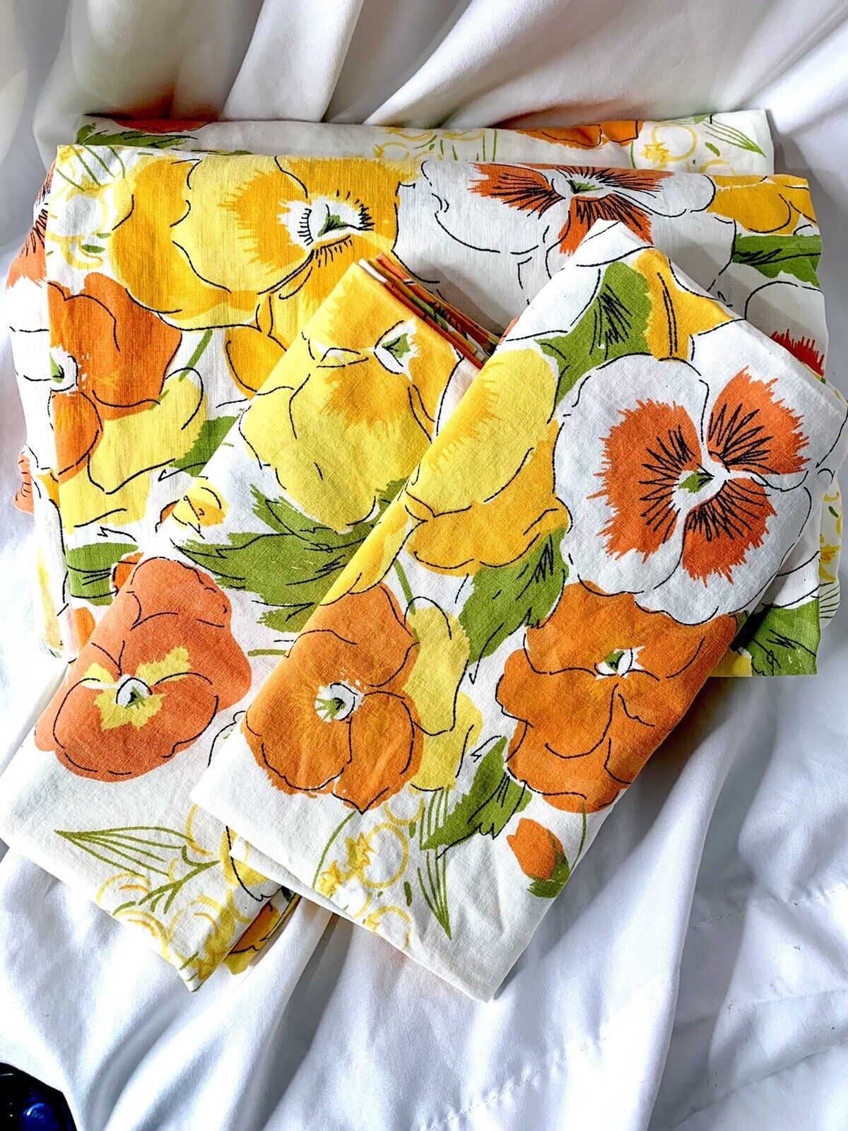 Vintage Flower Power Full Double Sheet Set ~ Fitted, Flat & 2 Pillow Cases
