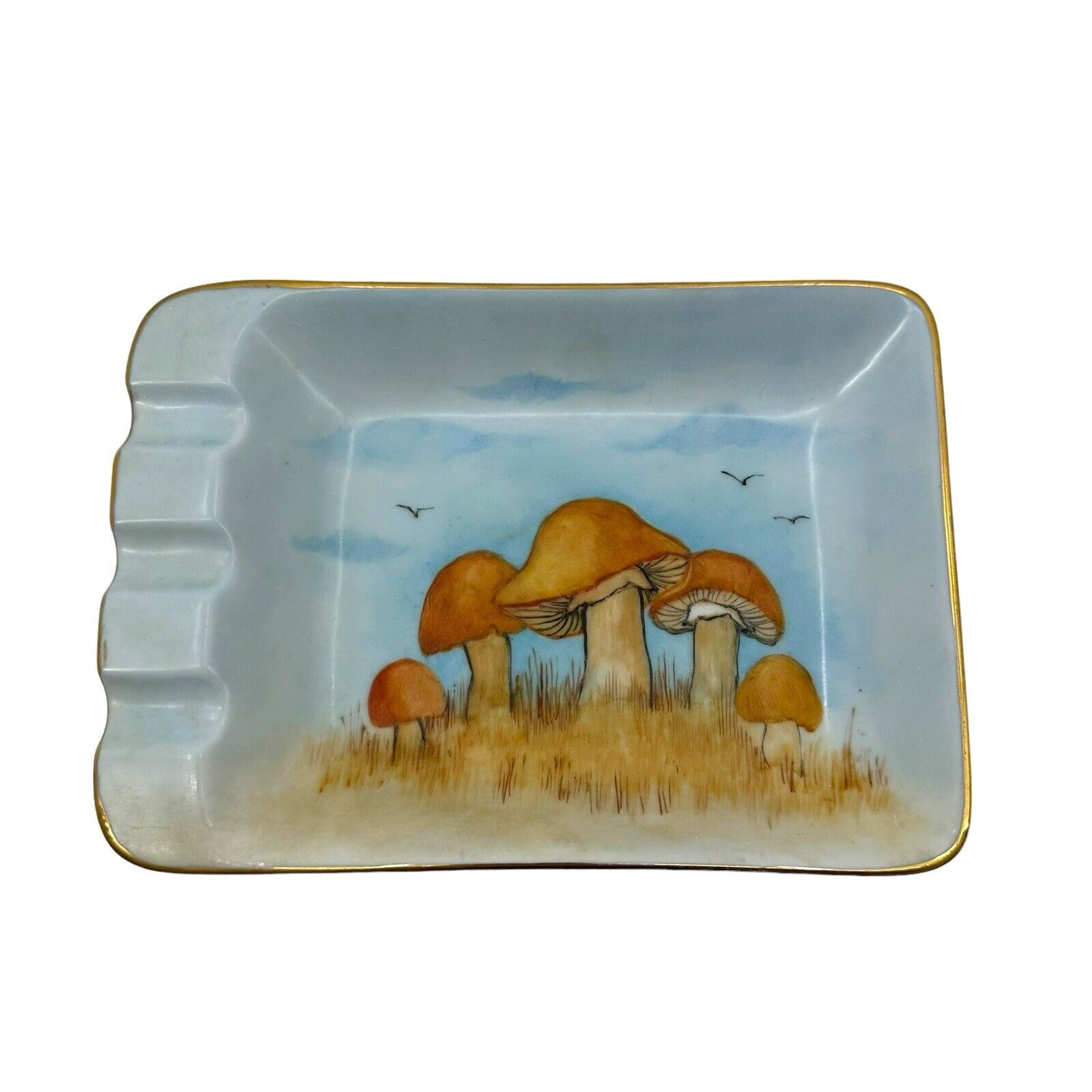 Vintage 1970's Ceramic Ashtray Mushrooms Collectible  Mid Century Modern Painted