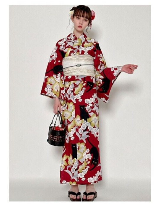 Kimono Yukata Set Grail Dress Cat Cherry Camellia Kyoto Summer Clothes  Japan