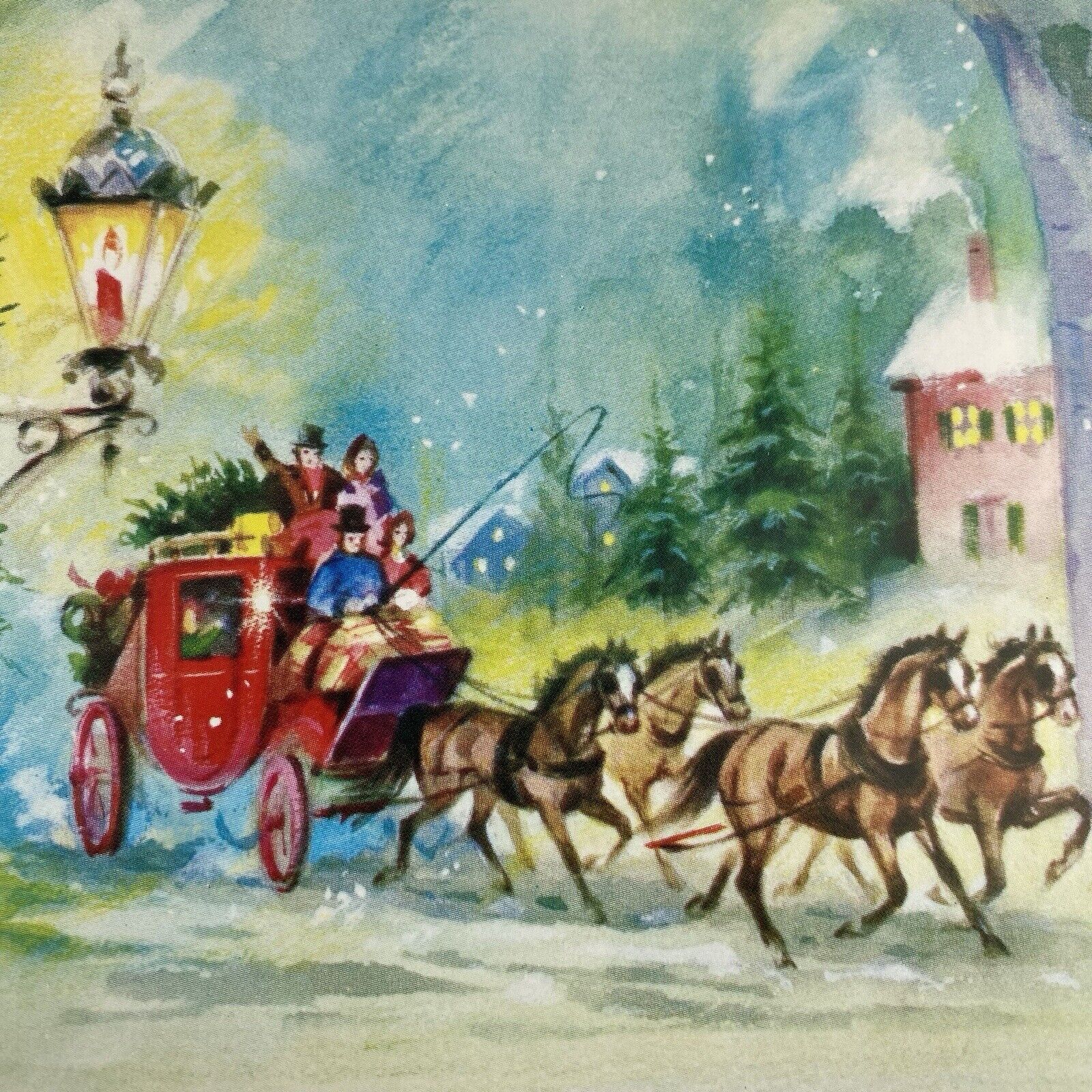 Vintage Mid Century Christmas Greeting Card Stagecoach Horses Pastel Watercolor