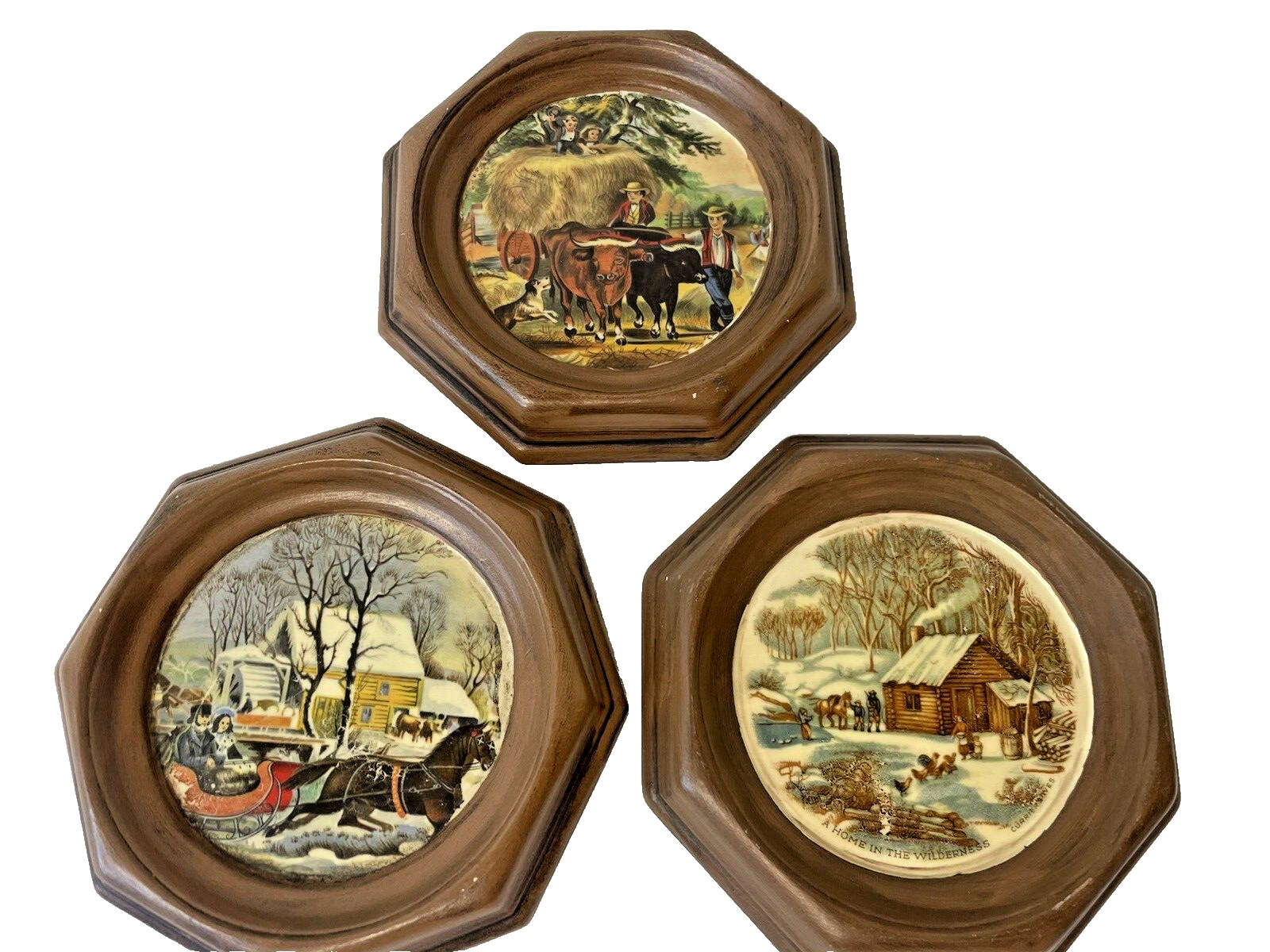 3 Mid-Century Hobbyist Currier & Ives Vintage Wall Plaques Americana Cabin Core