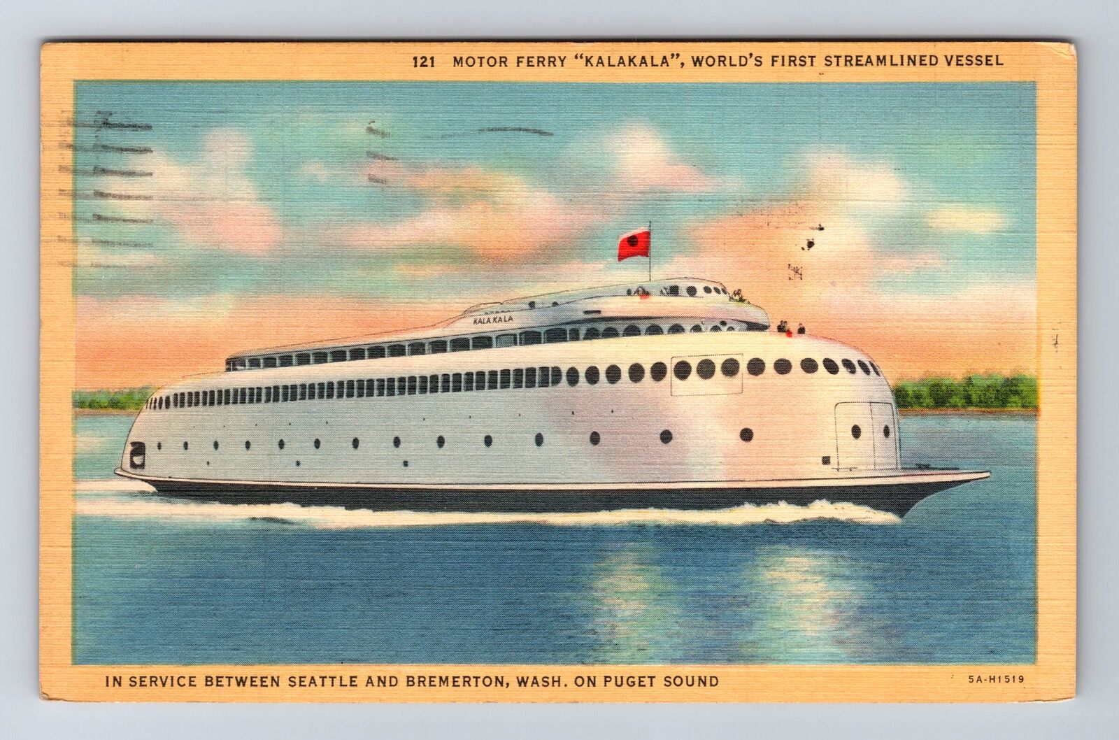 Bremerton WA-Washington, Motor Ferry, Streamlined Vessel Vintage c1940 Postcard