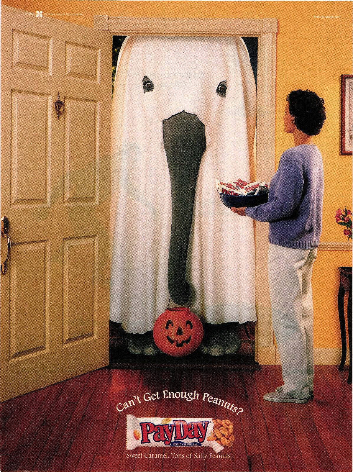 PayDay Can\'t Get Enough Peanuts? Elephant Dressed as Ghost Print Advert