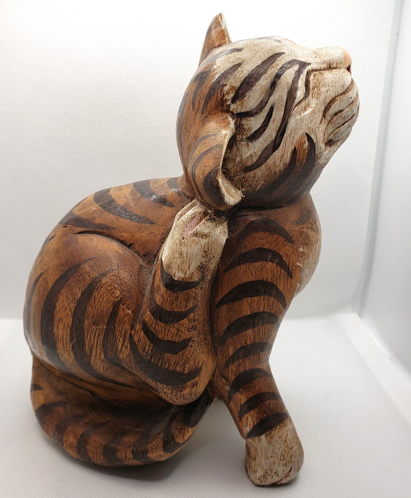 Carved Painted Wood Tabby Cat Figure -9.5 Inches Tall - Weighs 2 Pounds