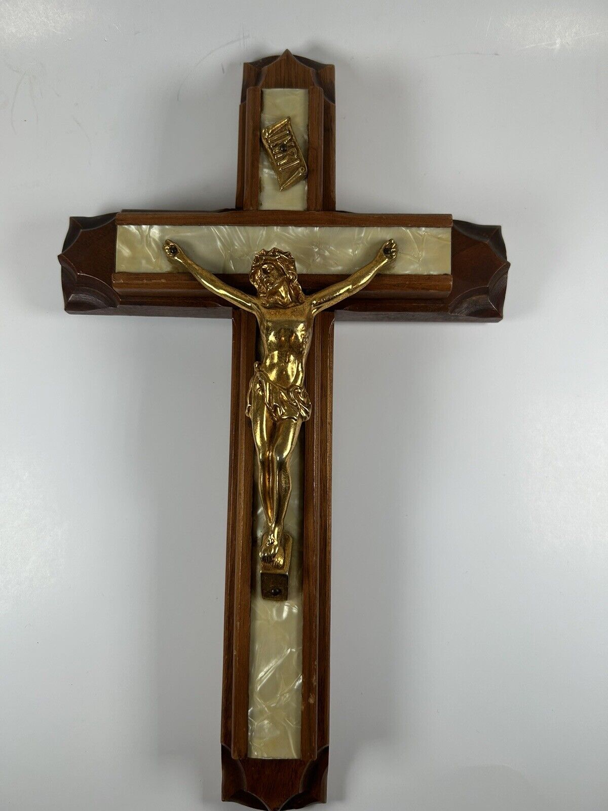 Large Vintage Wooden Wall Crucifix Jesus On Cross 1940s 50s W/ Holy Water Bottle