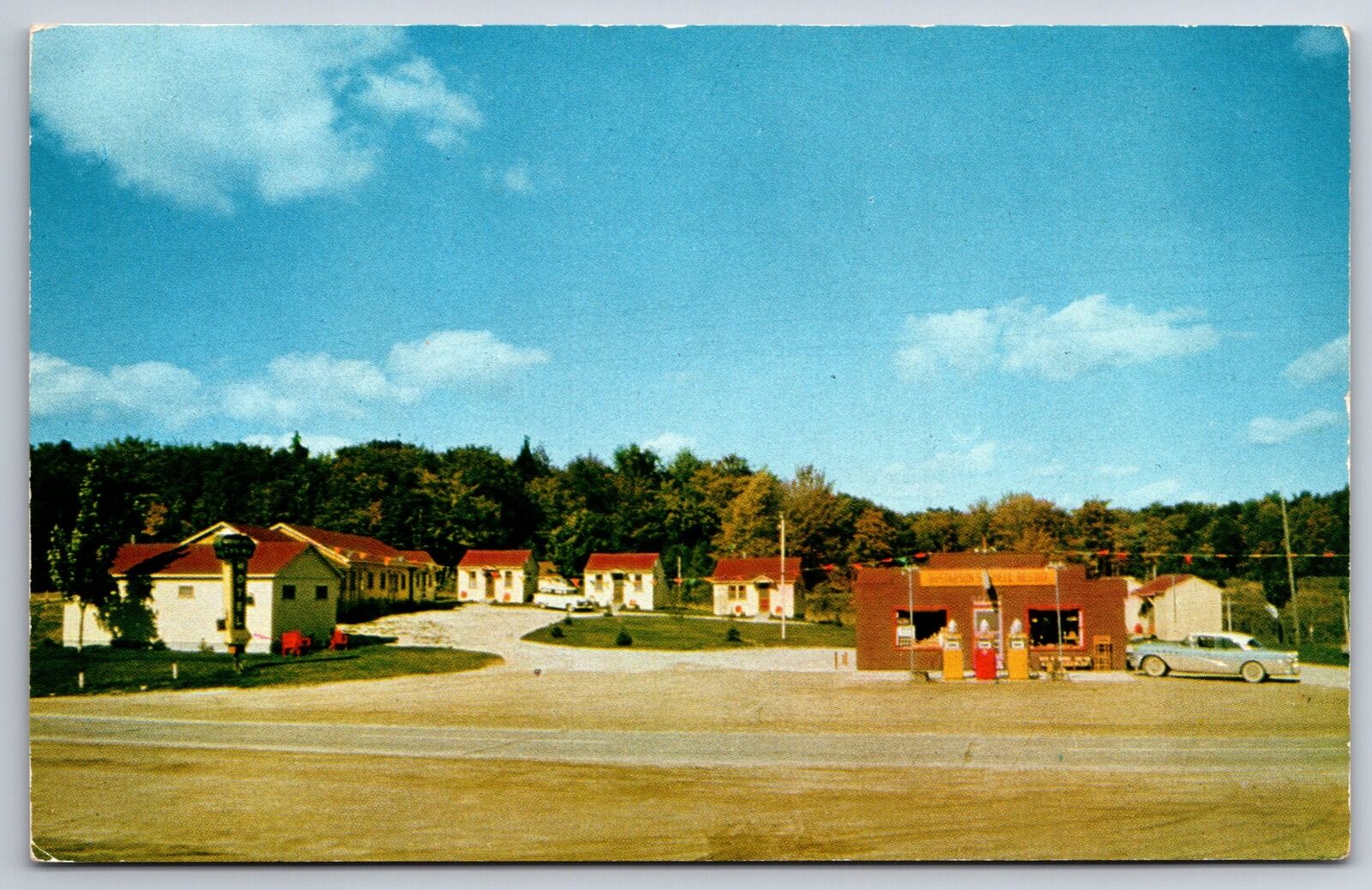 Brevort Michigan~Gustafson Resort & Shell Gas Station~Roadside~1956 Postcard