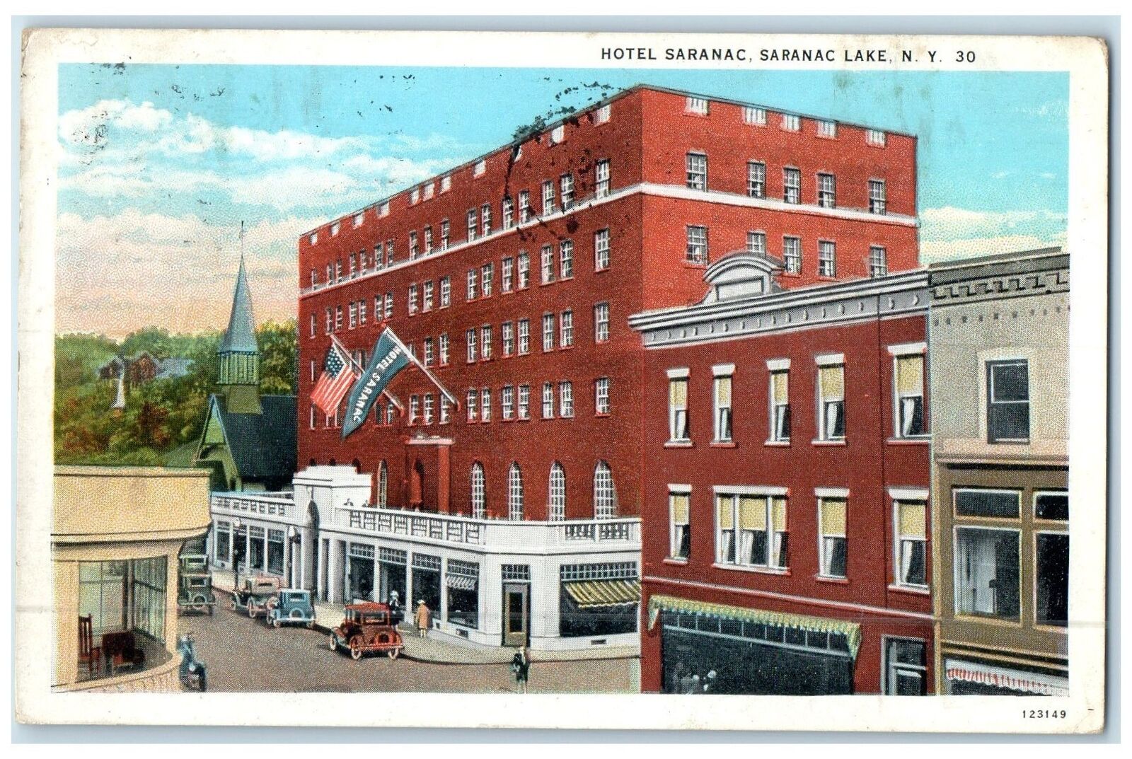 1929 Hotel Saranac & Restaurant Building Car Flag Saranac Lake New York Postcard
