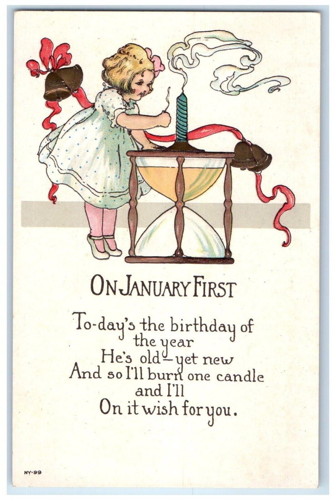 c1910's New Year Girl Candle Hourglass Ringing Bells Embossed Antique Postcard