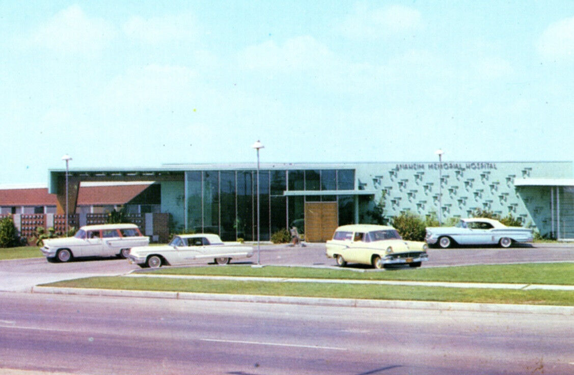 Anaheim California Memorial Hospital Automobiles Street View Postcard 1950s  