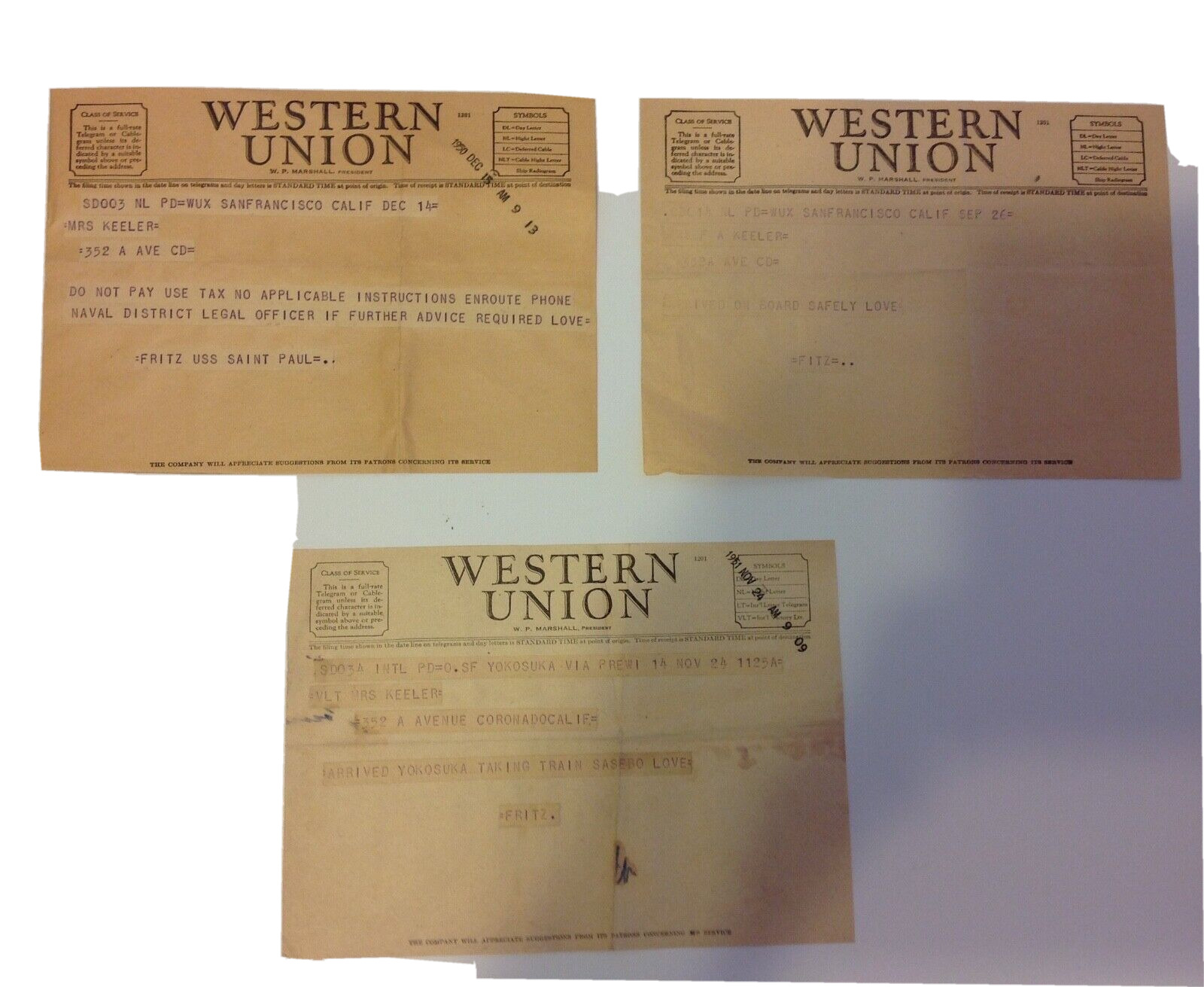 Western Union VTG 1950s Telegram Lot (3) Military Yokosuka Japan USS Saint Paul