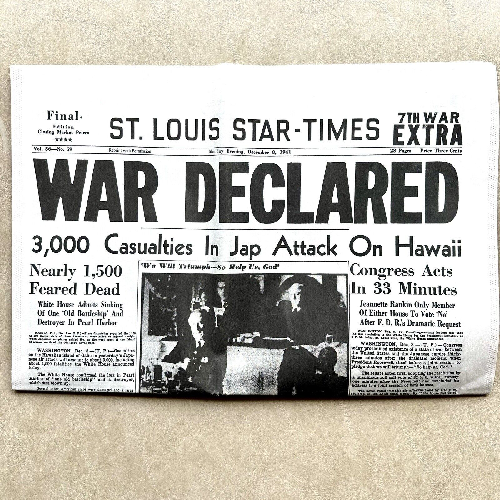 St. Louis Star-Times December 8, 1941 War Declared Edition